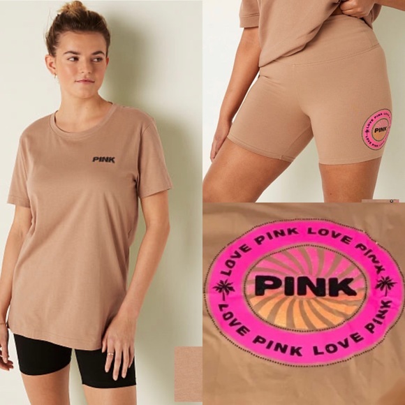 VS Pink Mocha Latte NEW RELEASE Tropical Campus Tee & Cotton Biker Shorts SET - Picture 3 of 14